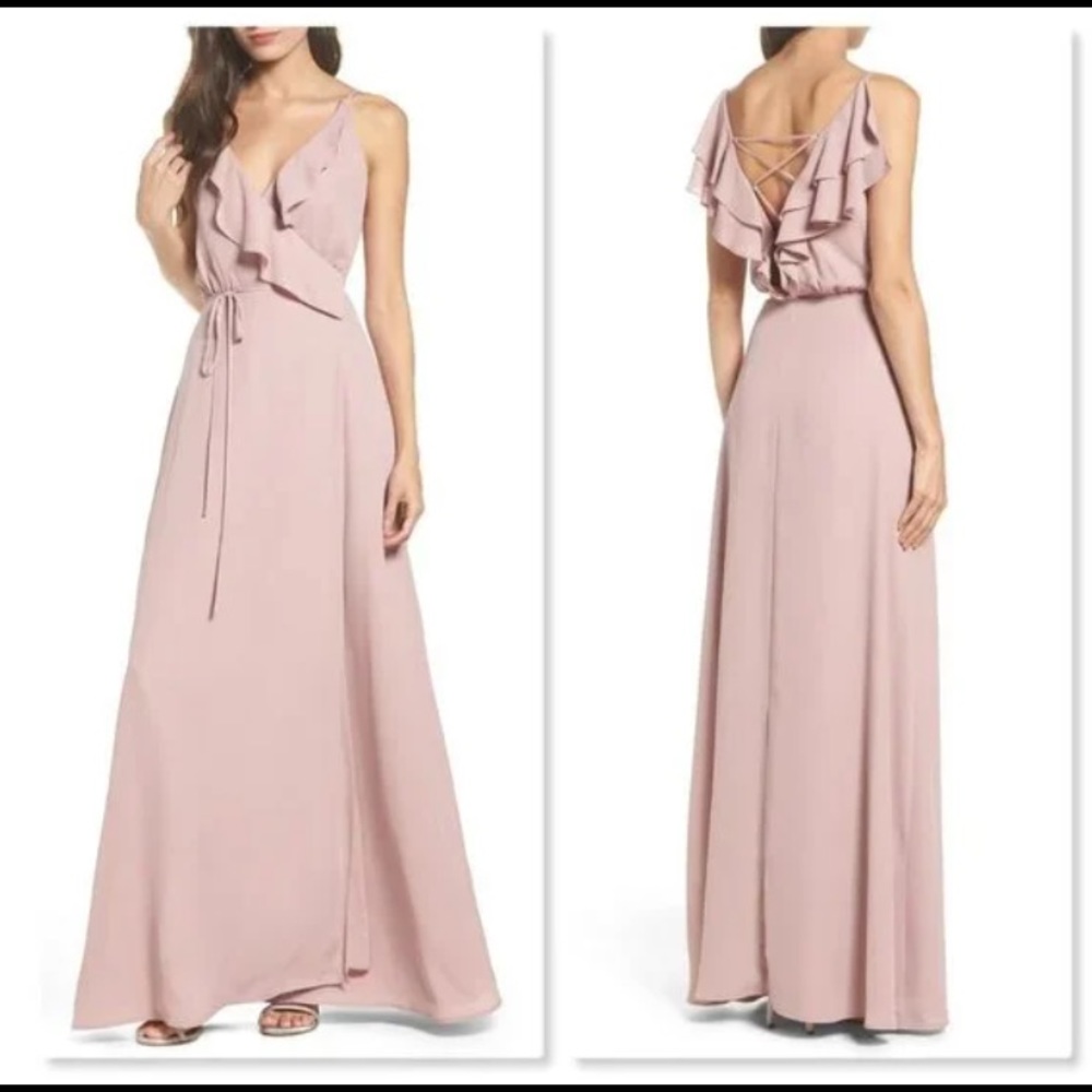 WAYF Jamie Ruffle Wrap Gown. Color: London Fog (Dusty mauve) Size: Large